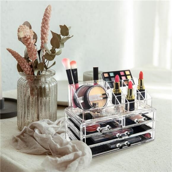 Clear acrylic makeup organizer with drawers and lipstick holder for vanity - Picture 2 of 7